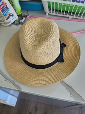 Wide Brim Straw Sun Hat with Black Ribbon